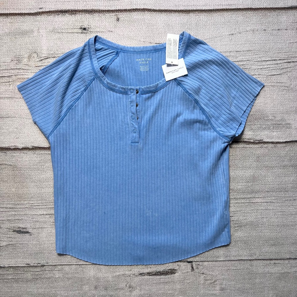 American Eagle Outfitters Womens Blue Ribbed Henley Crop Top‎ Size XXL NEW